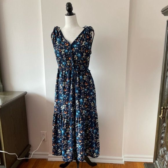Gap Floral Tiered MIDI Dress Navy Blue v neck with shoulder ties - Picture 8 of 14